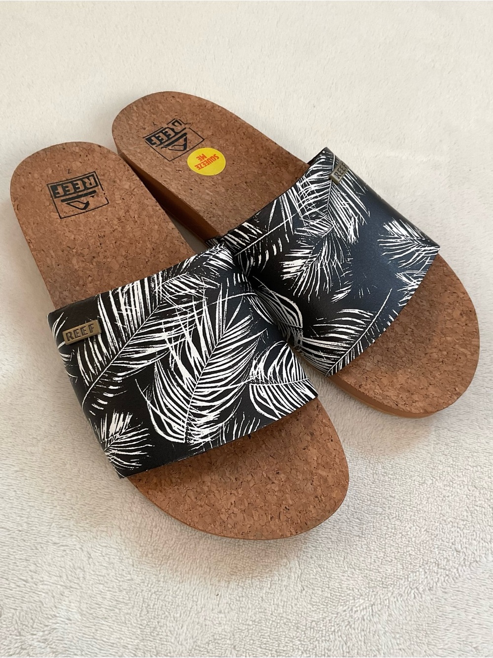 REEF Cushion Scout Palmia Slide Sandals Women’s 7 Black White Tropical Cork